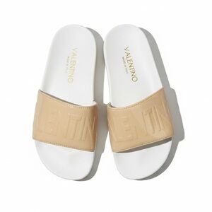 mario valentino beige & white moira logo leather slides sandals